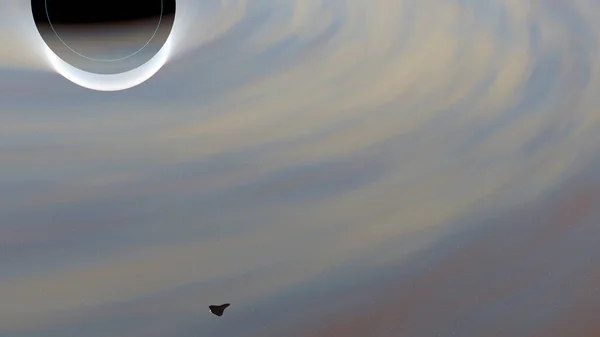 宇宙船はカラフルなブラックホールの降着円盤の上を飛んでいます 3Dレンダリング — ストック写真