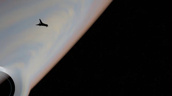 宇宙船はカラフルなブラックホールの降着円盤の横を飛んでいます 3Dレンダリング — ストック写真