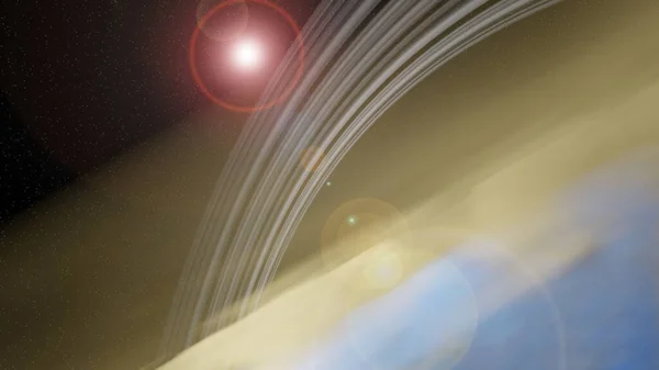 背景に太陽と星のフィールドを持つ土星の大気の上に土星リング 3Dレンダリング — ストック写真