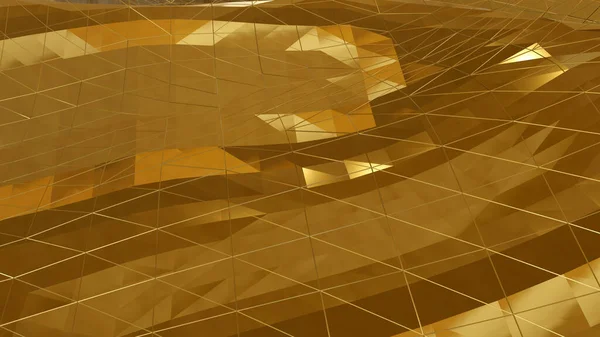 金の三角形のアーキテクチャは 金のワイヤーフレームで覆われている 3Dレンダリング — ストック写真