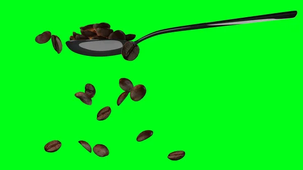 在带有绿色屏幕的孤立金属勺子上分离掉的咖啡豆 3D渲染 — 图库照片