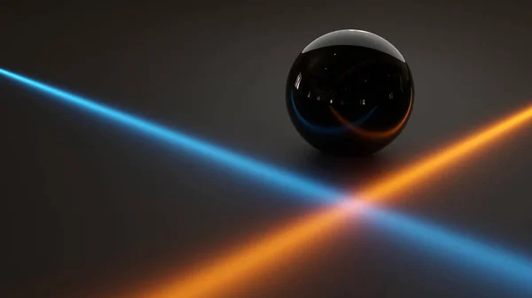 Een Zwarte Globe Een Zwarte Vloer Met Lichtbundels Blauwe Oranje — Stockfoto