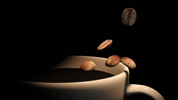 Beyaz fincanın tepesinde düşen kahve çekirdeğinde ışık görüldü (3D görüntüleme)