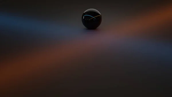 2本の光線 青とオレンジの光線で交差する を持つ黒い床の上に黒い輝く球体 3Dレンダリング — ストック写真
