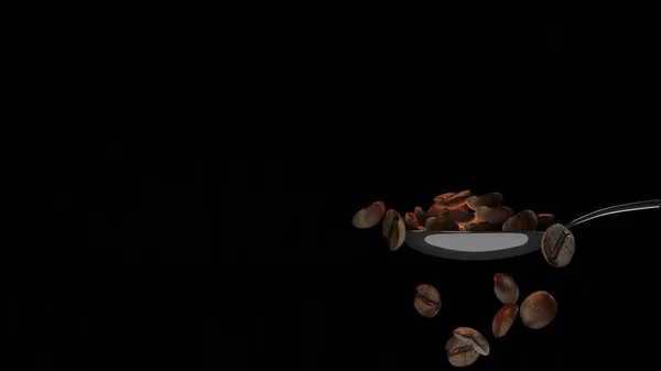将咖啡豆放在带有绿色屏幕的金属勺子上 3D渲染 — 图库照片