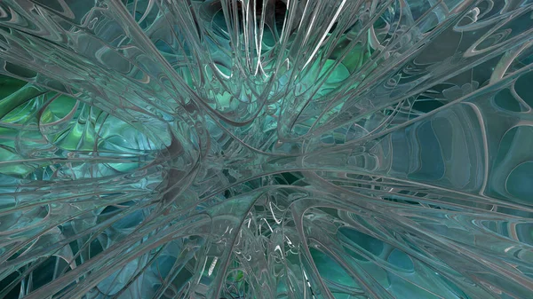 青緑色星雲を背景にした宇宙ステーション内の混合ガラス曲線構造 3Dレンダリング — ストック写真