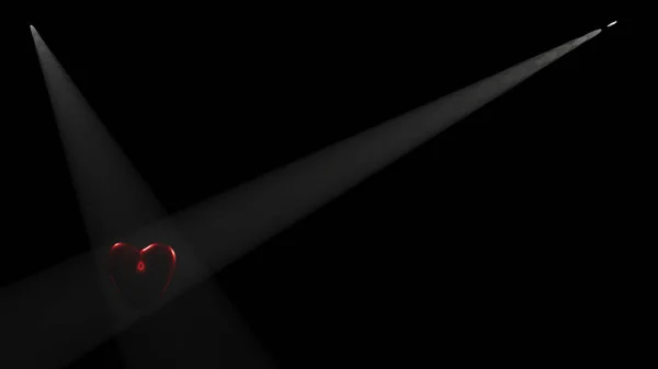 Két Reflektorfény Keresi Piros Neon Ragyogó Szív Renderelés — Stock Fotó