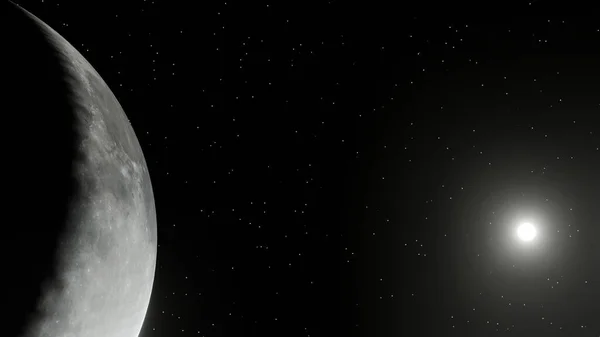 背景に太陽と星のフィールドを持つ月とそのクレーター 3Dレンダリング — ストック写真