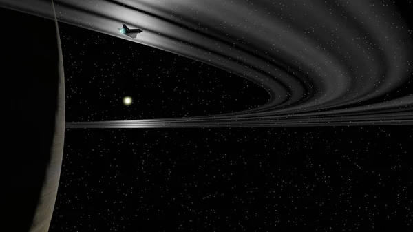 Bir Uzay Gemisi Satürn Halkasının Altında Arka Planda Güneş Yıldız — Stok fotoğraf