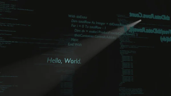 Hello World text is spotted by a spot light in a programming editor on a black computer monitor (3D Rendering)