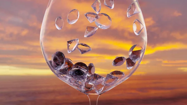 White diamonds are falling to champagne glass cup with blur twilight sea in background (3D Rendering)