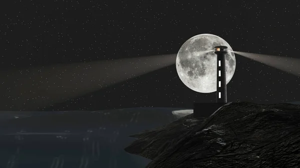 Световой Дом Луч Света Фоне Полной Луны Звездной Ночи Рендеринг — стоковое фото