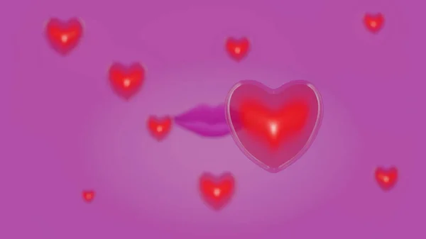 Kırmızı Şeffaf Kalpler Pembe Dudaklardan Fışkırıyor Arkaplan Pembemsi Rendeleme — Stok fotoğraf