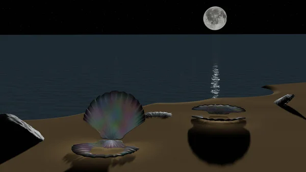 보름달이 해변의 렌더링 — 스톡 사진