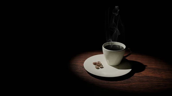 Kubek Kawy Ziarna Kawy Białym Porcelanowym Talerzu Który Leży Drewnianym — Zdjęcie stockowe