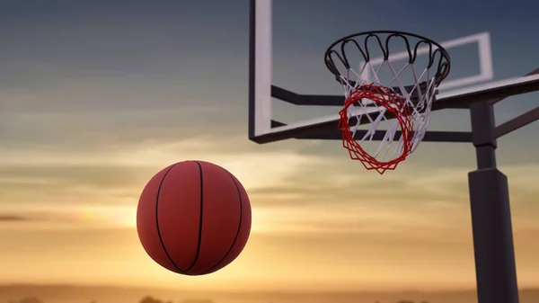 Mrazivý Oranžový Basketbalový Glóbus Bodování Západem Slunce Pozadí Vykreslování — Stock fotografie