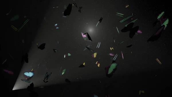 満月の夜を背景に懐中電灯で照らされたカラフルな蝶の群れ 3Dレンダリング — ストック写真