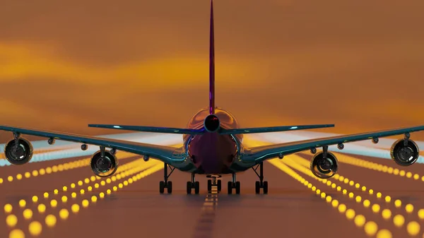 一架喷气式飞机在一条背景为暮色天空的滑行道上飞行 3D渲染 — 图库照片