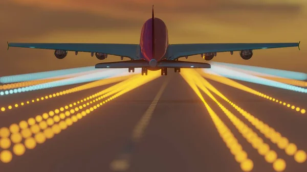 Avión Jet Está Aterrizando Una Pista Rodaje Con Cielo Crepuscular — Foto de Stock