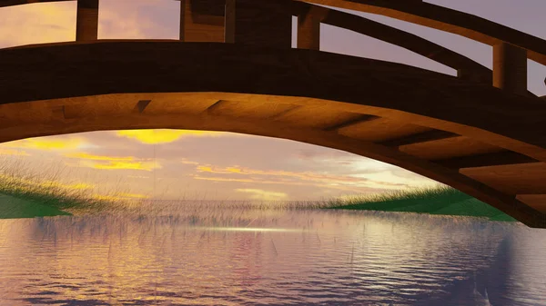 Міст Лампи Розмитими Річками Морем Під Час Заходу Сонця Задньому — стокове фото