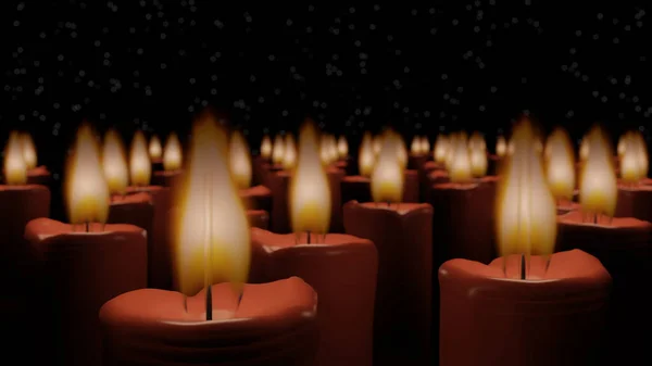 Candle Wick Zijn Vlam Van Dichtbij Met Gemengde Wazige Kaarsengroep — Stockfoto