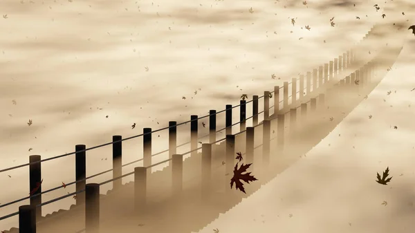 Падаючий Червоний Клен Дерев Яному Підвісному Мосту Туманний Ранок Відтворення — стокове фото