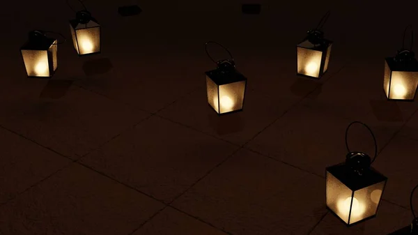 星空を背景にした茶色い瓦の床の旧型提灯 3Dレンダリング — ストック写真