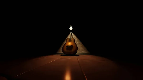 Bir Odadaki Eğik Akustik Gitarda Sarı Bir Işık Konisi Tespit — Stok fotoğraf