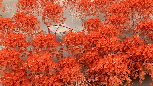 赤い花の木の庭の公園パビリオンのカラフルな太陽の屋根の上 3Dレンダリング — ストック写真
