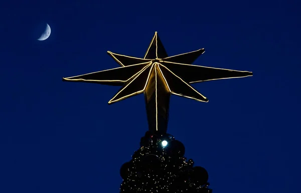 stock image A star on top of a pine tree in Christmas and new year festival with blue sky and crest moon in background