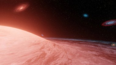 Gaz ve plazma, arka planda birden fazla gökada bulunan bir kara delik etrafında döner (3D oluşturma).)