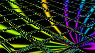 Cam döşeme üzerinde soyut renkli eğri çizgisi yansıması (3D oluşturma)