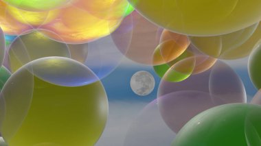 Renkli şeffaf balonlar dolunay arkaplanıyla bir akşamda akmaktadır (3D görüntüleme)