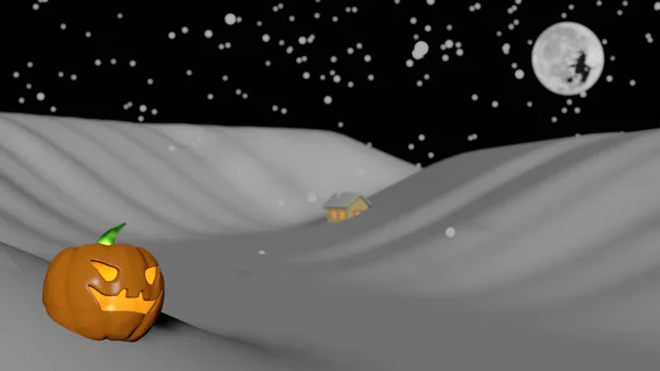 Halloween pumpkin with blur cottage, flying witch and full moon  in snowy night (3D Rendering)