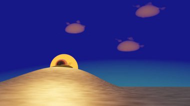 Bir salyangoz altın yansıma üzerinde sürünüyor. Gün batımı arka planda (3D yorumlama)