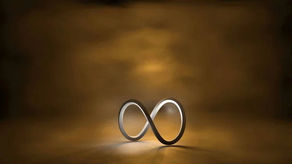 Twisted ring in infinity symbol on a floor with covering fog in background (3D Rendering)