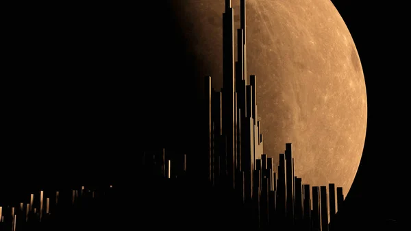 City silhouette with moon crest in background (3D Rendering)