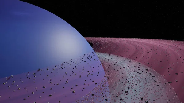 Arka planda yıldız alanı olan çift katmanlı anormal gezegen halkaları (3B oluşturma)