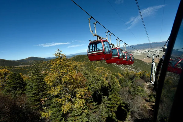 Red cable car over a green pine hill in a sunny day