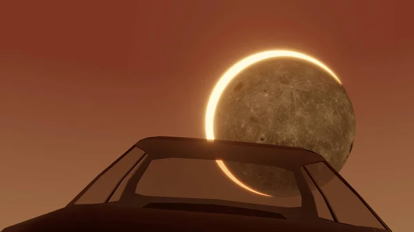 Transparent car window with sun eclipse background in sunset time (3D Rendering)