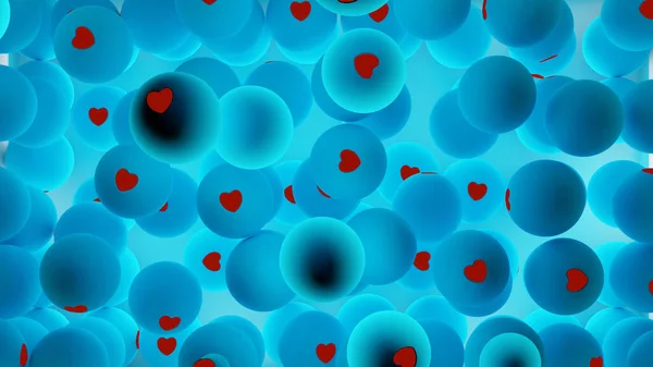 Dense stack of blue ball with read heart on its surface (3D Rendering)