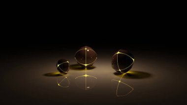 Black ball and its glow gold circumference on a mirror floor (3D Rendering)