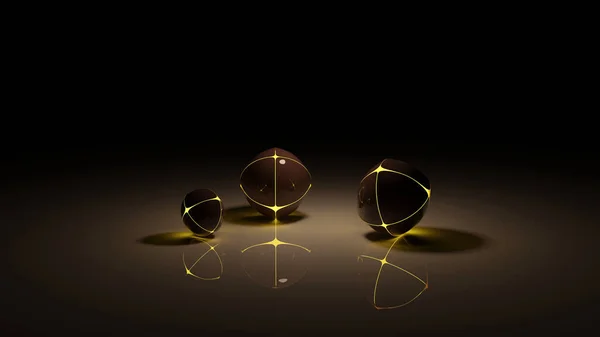 Siyah top ve onun parıldayan altın çevresi bir ayna zemininde (3D görüntüleme)