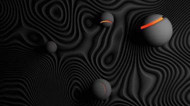 Siyah beyaz dalgalı yarık zemininde turuncu çizgili top (3D görüntüleme)