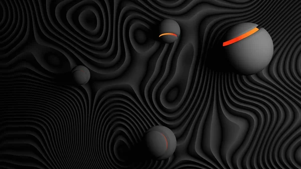 Siyah beyaz dalgalı yarık zemininde turuncu çizgili top (3D görüntüleme)