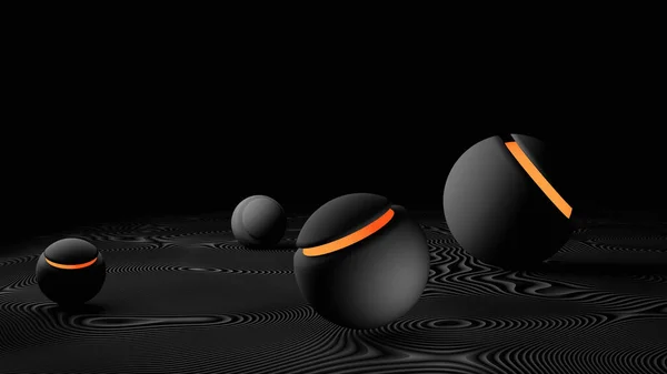 黒い白い波状の切り立った地面にオレンジ色のストライプボール 3Dレンダリング — ストック写真
