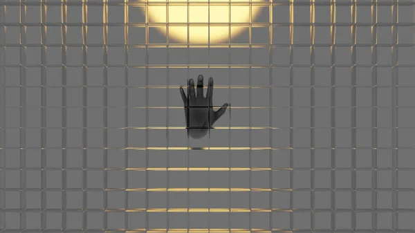 Een Handsilhouet Met Transparante Kubieke Celwand Met Zonsondergang Achtergrond Rendering — Stockfoto