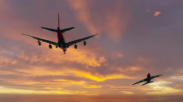 Två Flygplan Flyger Skymningen Himlen Kväll Rendering — Stockfoto
