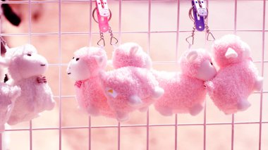 Bir çift şirin pembe koyun anahtarlığı.