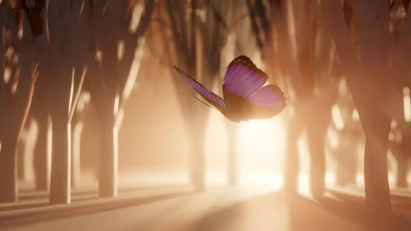 Papillon Rose Vole Dans Une Forêt Avec Rayon Lumineux Doré Image En Vente